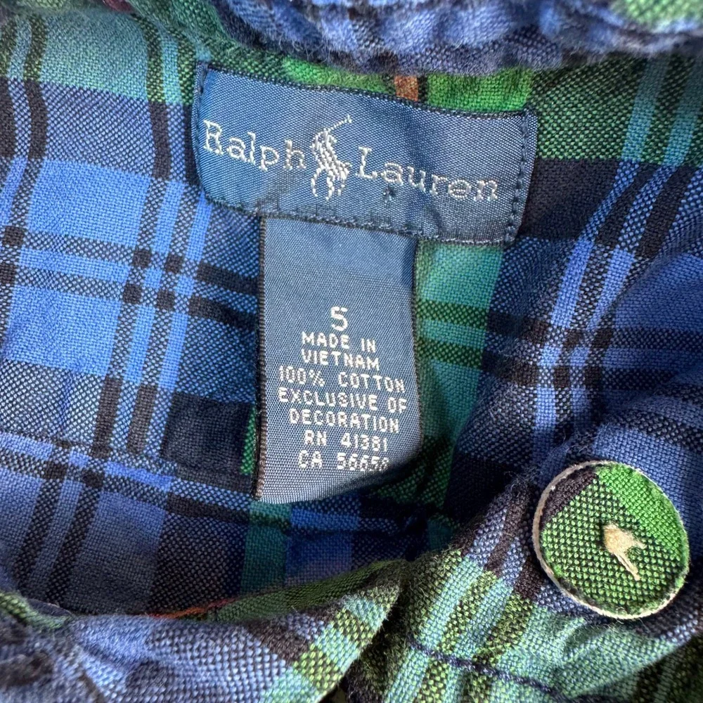 Ralph Lauren Button Down Shirt Boys Size Small Blue & Green‎ Plaid L/S